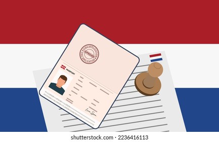 Netherlands visa, open stamped passport with visa approved document for border crossing. Immigration visa concept. Background with Netherlands flag. vector illustration