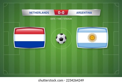 Netherlands vs Argentina scoreboard broadcast template for sport soccer tournament 2022 and football championship round Quarter-finals vector illustration