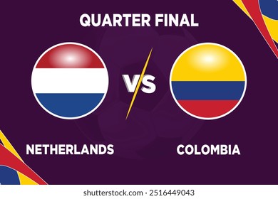 Países Bajos vs Colombia, Cuartos de Final, SEP 2024 en Competición de Fútbol Banderas rivales de ambos Equipos con forma futbolística. Aislar con color púrpura y archivo EPS editable.
NED vs COL partido de fútbol. 