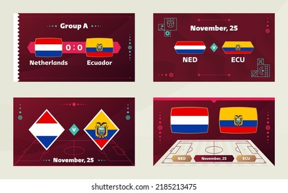 Netherlands vs Ecuador, Football 2022, Group A. World Football Competition championship match versus teams intro sport background, championship competition final poster, vector illustration.