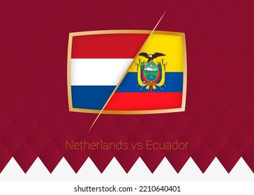 Netherlands vs Ecuador, group stage icon of football competition on burgundy background. Vector icon.