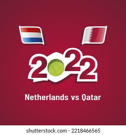 Netherlands vs Qatar with Dutch and Qatari flags soccer dark red background