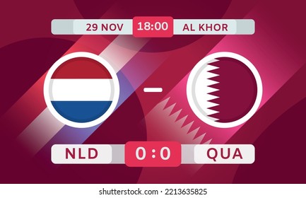Netherlands vs Qatar Match Design Element. Football Championship Competition Infographics. Announcement, Game Score, Scoreboard Template. Vector Illustration