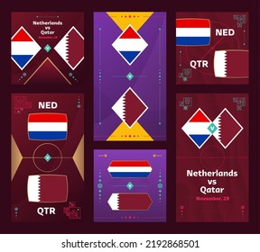 Netherlands vs Qatar Match. World Football Qatar, cup 2022 vertical and square banner set for social media. 2022 Football infographic. Group Stage. Vector illustration announcement.