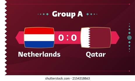 Países Bajos vs Qatar, Fútbol, Grupo A. Partido del Campeonato Mundial de Fútbol contra equipos de fondo deportivo, póster final de la competición de campeonato, ilustración vectorial.