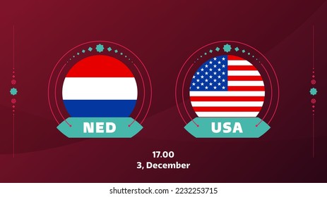 La ronda de partido de 16 partidos de fútbol de los Países Bajos contra los Estados Unidos 2022. Partido del Campeonato Mundial de Fútbol 2022 contra equipos de fondo deportivo de introducción, afiche de la competencia del campeonato, ilustración del vector.