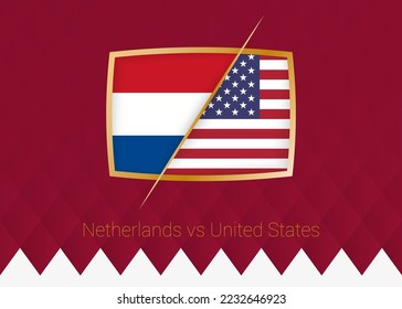 Netherlands vs USA, round of 16 icon of football competition on burgundy background. Vector icon.