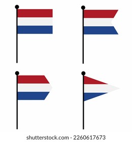Netherlands waving flag icon set in 4 shape versions. Collection of flagpole sign for identity, emblem, and infographic. 