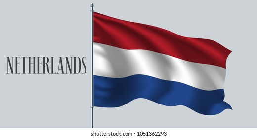 Netherlands waving flag on flagpole vector illustration. Red blue   element of Dutch wavy realistic flag as a symbol of country 