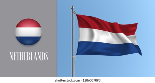 Netherlands waving flag on flagpole and round icon vector illustration. Realistic 3d mockup of red blue Dutch flag and circle button 