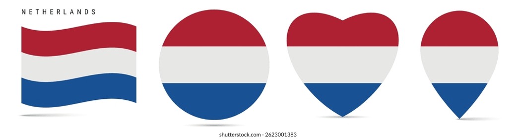 Bandeira de ondulação holandesa, círculo redondo distintivo adesivo, ícone em forma de coração, pino do mapa. Botões de bandeira holandesa de diferentes formas. Ilustração vetorial isolada em branco.