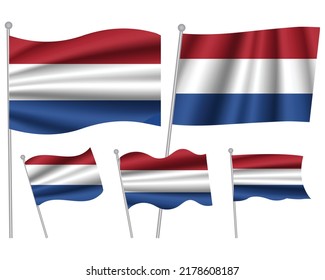Netherlands waving flag set of vector illustration. Blue red colors of Netherlands wavy realistic flag as a patriotic symbol
