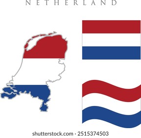 Netherlands waving flag set of vector illustration. Blue red colors of Netherlands wavy realistic flag and map as a patriotic symbol