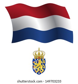 netherlands wavy flag and coat of arms against white background, vector art illustration, image contains transparency