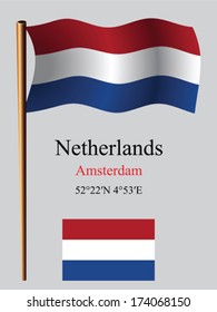netherlands wavy flag and coordinates against gray background, vector art illustration, image contains transparency