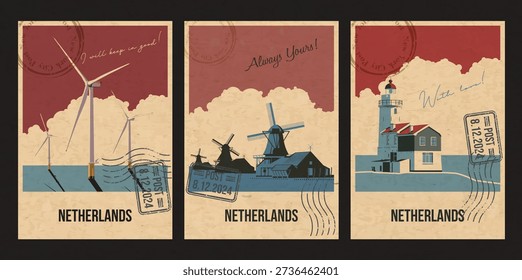 Netherlands Wind Farm, Windmill, Lighthouse Attraction Postcard, Holland Wind Power Popular Place Illustration, Vector Template Retro Style Greeting Card. Vintage Colors, Aged Paper Texture