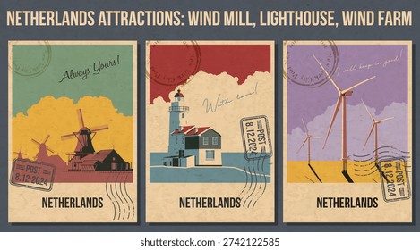 Netherlands Wind Mill, Lighthouse, Wind Farm Attraction Postcard, Holland Wind Power Popular Place Illustration, Vector Template Retro Style Greeting Card. Vintage Colors, Aged Paper Texture