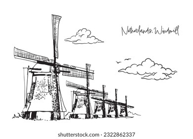 Netherlands, Windmill with hand drawing concept, print, doodle, vector illustration (Vector)