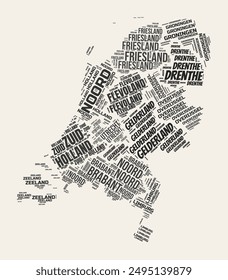 Netherlands Word Cloud. Country with regions division. Netherlands typographic text clouds vector image design. Vintage gazette style country shape image. Awesome vector illustration.