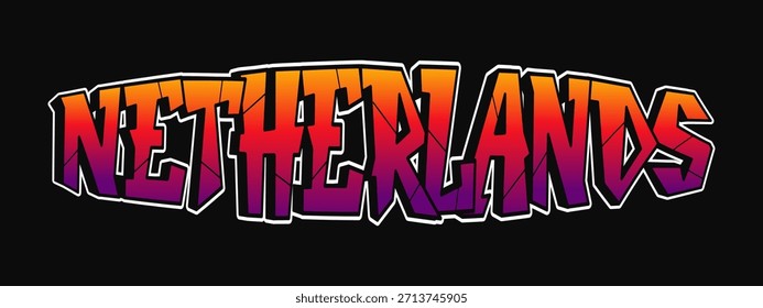 Palabra holandesa creada con letras de estilo graffiti en negrita, con un dinámico relleno degradado de naranja a púrpura y un fuerte contorno blanco sobre un fondo oscuro