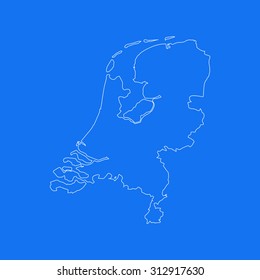 Netherlands,Holland outline map, stroke. Line style. White and blue. Vector EPS8