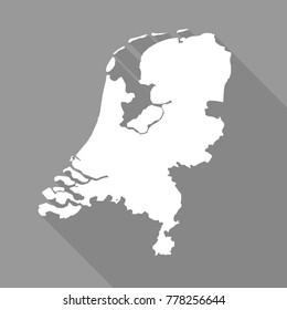 Netherlands,,Holland white map,border flat simple style with long shadow on gray background