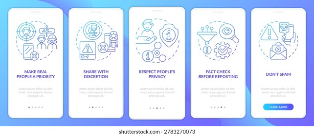 Netiquette rules blue gradient onboarding mobile app screen. Walkthrough 5 steps graphic instructions pages with linear concepts. UI, UX, GUI template