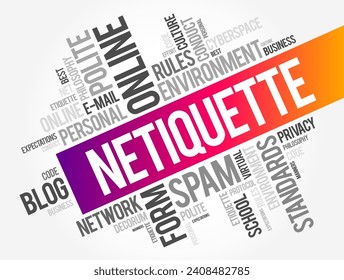 Netiquette ist ein Regelwerk, das ein angemessenes und höfliches Online-Verhalten, Wortwolke-Konzept-Hintergrund