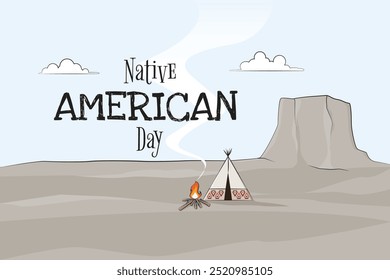 Día americano nativo con ilustración icónica del paisaje americano con estilo de la historieta, tal como desierto, rocas, tienda, fogata, flecha y otros. Un evento anual de celebración en noviembre en Estados Unidos.