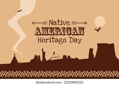 Nativo Día de la Herencia Americana con ilustración de fondo de paisaje americano icónico como desierto, rocas, tienda, fogata, flecha y otros. Un evento anual de celebración en noviembre en Estados Unidos.