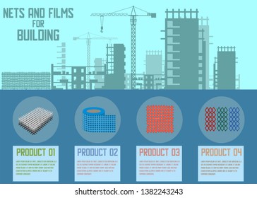 Nets and Films for Building Online Shop Banner Flat Vector with Detail Description Four Kinds of Products for Sale Construction Backdrop with Crane and High-rise Blocks Illustration Presentation