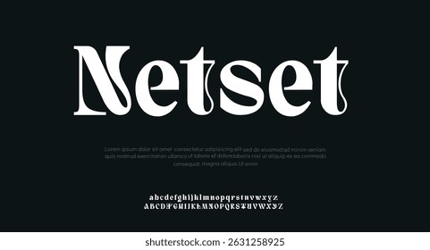 Fonte em alfabeto digital abstrata Netset Modern. Tipografia de tecnologia mínima, fonte futurista da moda do esporte urbano criativo e com números. ilustração vetorial	