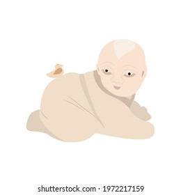 Netsuke baby with a sparrow, vector image. A symbol that brings happiness, heavenly patronage and protection. Feng Shui talisman.