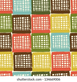 Netting abstract grungy pattern. Seamless colorful checkered background. Decorative doodle checkered texture