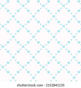Netting abstract seamless pattern with butterflys and hearts. Cute grid Y2K background. Nostalgic 2000s vector print. Retro girly lattice backdrop 1990s style