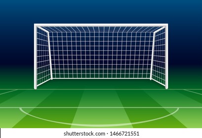 Netting goalposts soccer goal. Vector football goal on gridiron field grass, soccer gate illustration