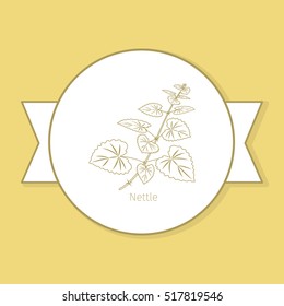 Nettle medicine plant, yellow label design in circle shape and flat shadow. Vector illustration