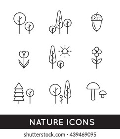 Neture trees, flowers and mushrooms outline icons set. Vector graphic illutsration. Acorn icon. Isolated black elements on white background.