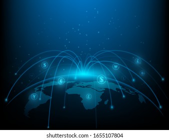 netwok of monney transfers and currency exchanges between countries of the world