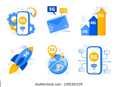 Network 5g. Fifth generation telecommunications, fast internet connection speed and low latency networks vector illustration set