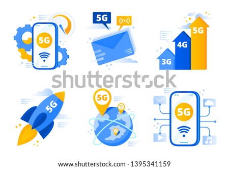Network 5g. Fifth generation telecommunications, fast internet connection speed and low latency networks vector illustration set