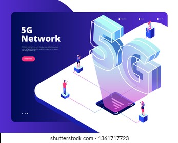 Network 5g. Wireless data transmission 5g technology internet speed broadband five hotspots wifi global networking landing vector page