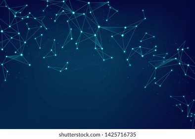 Network abstract connections with dots and lines on  blue background. Wireframe of network communications. Digital technology concept, AI.