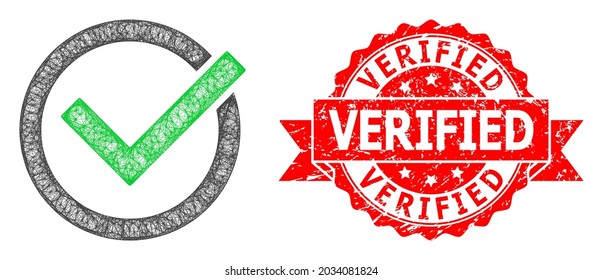 Network accept tick icon, and Verified unclean ribbon seal. Red stamp seal includes Verified caption inside ribbon.Geometric wire carcass 2D network based on accept tick icon,
