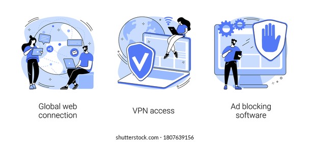 Conjunto de ilustraciones vectoriales de concepto abstracto de acceso a redes. Conexión web global, acceso a VPN, software de bloqueo de anuncios, servidor proxy remoto, navegador web, tecnología informática, metáfora abstracta de extensión de complemento.