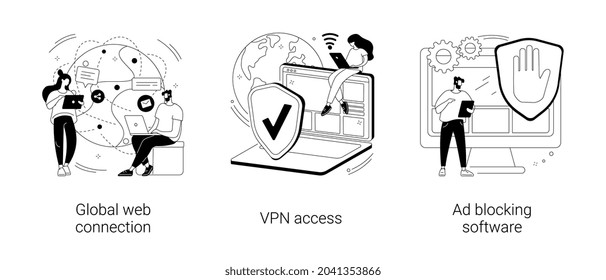 Network access abstract concept vector illustration set. Global web connection, VPN access, Ad blocking software, remote proxy server, web browser, IT technology, plug-in extension abstract metaphor.