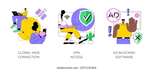 Network access abstract concept vector illustration set. Global web connection, VPN access, Ad blocking software, remote proxy server, web browser, IT technology, plug-in extension abstract metaphor.