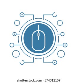 Network access flat linear long shadow icon. Computer mouse in microchip pathways. Vector line symbol