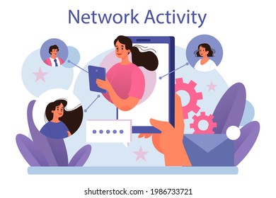 Network activity. Customer attention and business communication monitoring and optimization. Using network for posting and sharing content, global comunication idea. Vector flat illustration