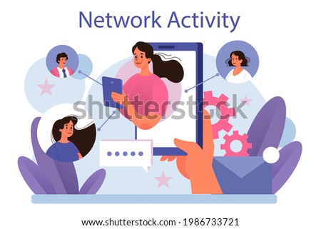 Network activity. Customer attention and business communication monitoring and optimization. Using network for posting and sharing content, global comunication idea. Vector flat illustration